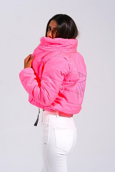 Keyifli Moda Pink Stone Printed Women's Puffer Jacket - Stand Collar