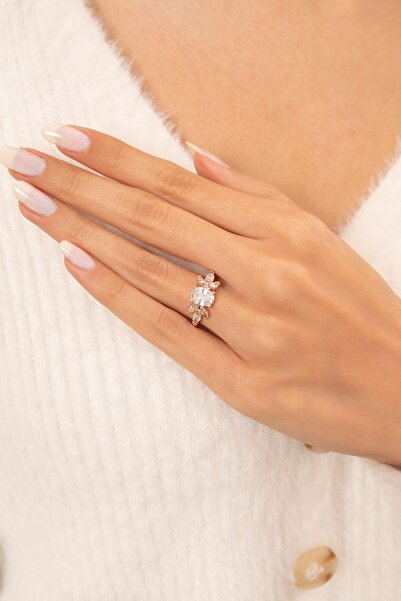 Eva Jewelry Kanat Motifli Beyaz Taşlı Ayarlanabilir 14 K Rose Altın Kaplama K...