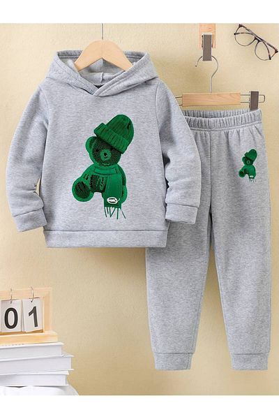 THEKONT Πράσινο Unisex Παιδικό Σετ Φόρμας - Με Καπέλο και Σοβαρό Στάμπα