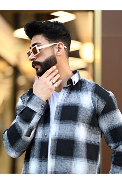 mavisima erkek giyimi Lumberjack Shirt Black and White Striped Stand Collar Buttoned