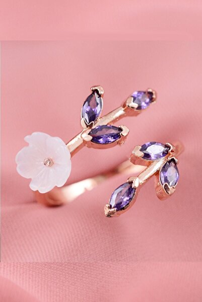 Sahira Jewelry Sedef Çiçeği Mor Taşlı Ayarlanabilir 14 K Rose Altın Kaplama Kadın Yüzük