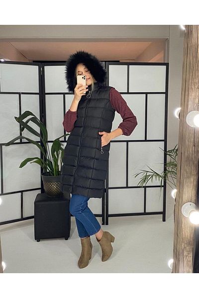 LISSE Black Hooded Furry Puffer Vest with Pockets