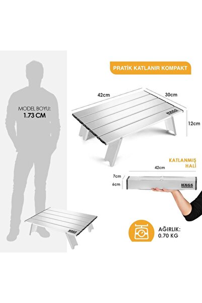 Genel Markalar Haegs Portatif Küçük Masa Alüminyum Hafif - Plaj, Piknik, Kamp, Balıkçı Küçük Sehpa Masa - Gümüş