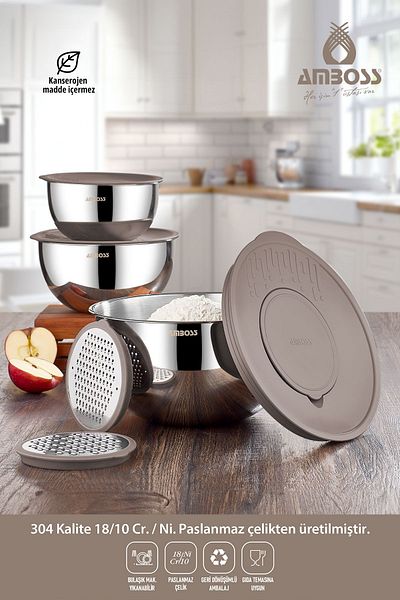 Amboss Satin 9 Piece Stainless Steel Multi-Purpose Bowl Set with Gray Lid