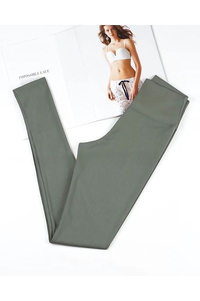 KOTA Green High Waist Corded Long Women's Leggings with Diver Fabric - 4117