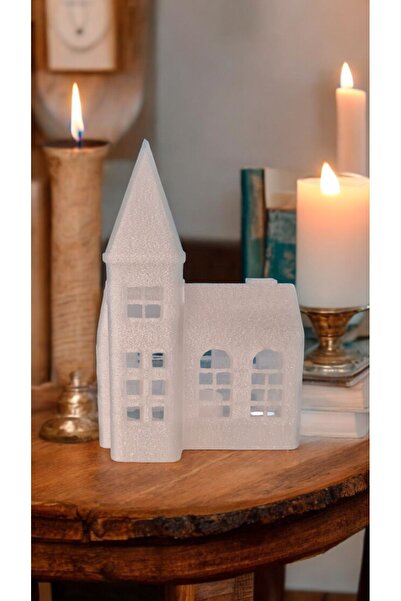 Maflen Yılbaşı Temalı Işıklı Kale Alev Efektli Led Mum Işıklı Saat Kulesi Kilise Mini Ev Dekoratif Biblo