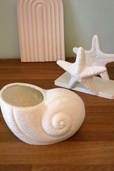 Maflen Deniz Kabuğu Organizer ve Deniz Yıldızı Peçetelik Sofra Dekorasyon Takımı Granit Görünümlü Beyaz