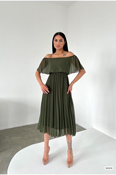 S&A Collectionn Rochie de damă din tul cu guler Madonna plisat până la genunchi