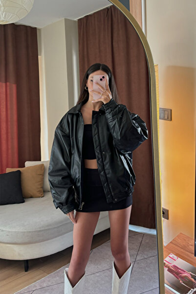 Moderk Oversize Vintage Kadın Siyah Deri Ceket