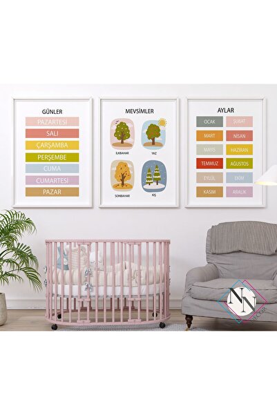 Days, Months, Seasons 3-Piece Educational Set, Natural Wooden Frame, Baby and Children's Room Table Set