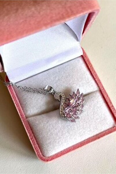 NOVAFACE Pembe Taşlı Kuğu Kolye Çelik Klasik