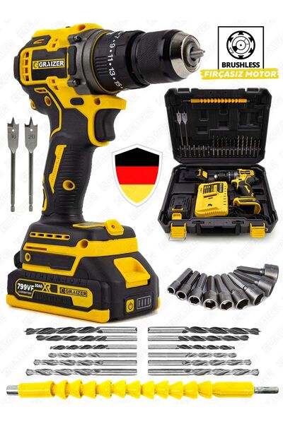 Graizer Alman 799 Vf 30 Ah Darbeli Çelik Mandren Kömürsüz Motor Samsung Çift Akülü Şarjlı Vidalama Matkap