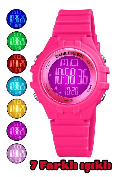 Daniel Klein Pink Children's Wristwatch with Alarm and Stopwatch, 7 Different Lights for Age 5-10