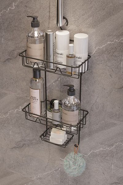 SUNTEL BANYO VE MUTFAK AKSESUARLARI Μαύρο ράφι ντους 2 επιπέδων - Κρεμαστός οργανωτής μπάνιου
