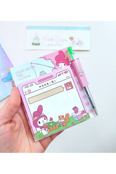 Pembe Çarşı Sanrio 70 Sheets - Kuromi, My Melody, Cinnamoroll, Pompompurin Note Papers with Pen and Adhesive