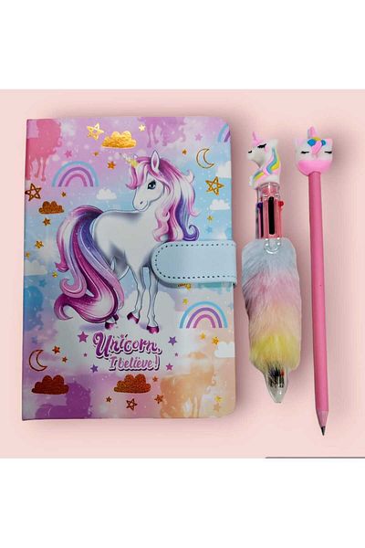 sevgi kırtasiye Unicorn Memory Scrapbook Set with Multicolored Ballpoint Pen and Pencil Gift