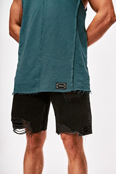 THIMOON Men's Black Denim Shorts - Laser Ripped