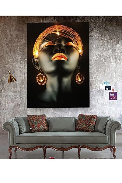 Haki Alışveriş Dünyası Afrikalı Kadın Led Işıklı Kanvas Tablo Pil Hediyeli