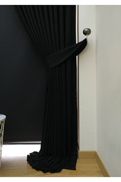 Evdepo Home Crown Black Solid Color 1/2,5 Regular Pleated Background Curtain, Regular Pleat, Single Wing