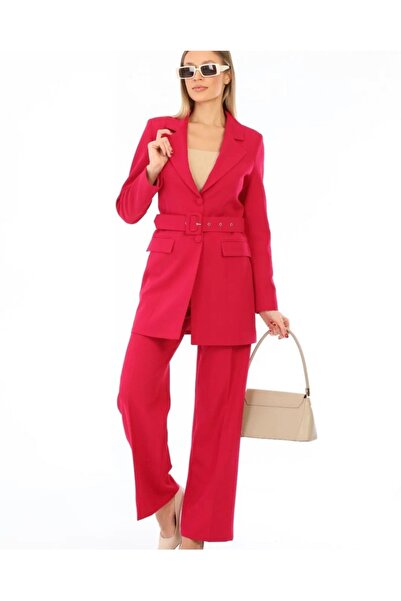 diaves Kırmızı Uzun Kemerli Blazer Ceket ve Palazzo Kesim Pantolon Atlas Doku...