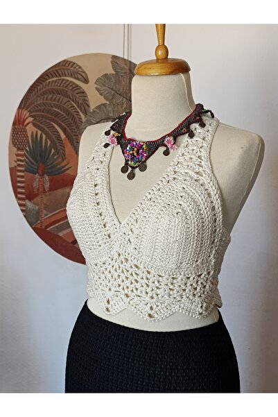 Hippybutik Beyaz El Yapımı Tığ Işi Ajurlu Dantel Büstiyer