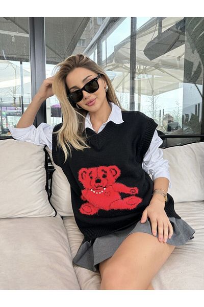 B2K FASHION Black Red Teddy Bear Stone Detailed V-Neck Oversize Sweater