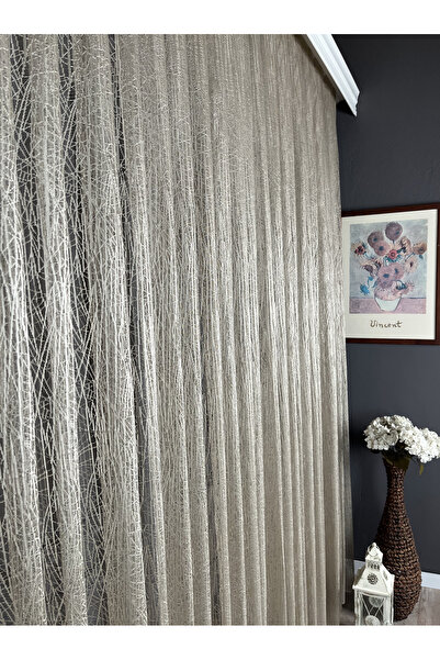 Evdepo Home Beige Colored Crown Ice Fracture - Normal Pleat, Tulle Curtain, Single Wing