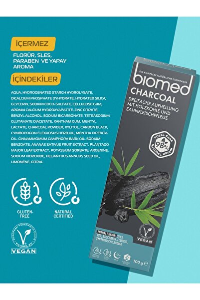 Biomed Charcoal Beyazlatıcı Kömür Diş Macunu Doğal Bitkisel Vegan Florürsüz 3 Adet