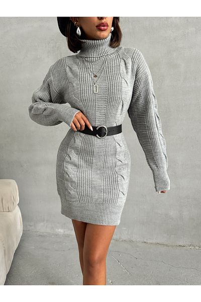 nosia fashion Γκρι μίνι πλεκτό φόρεμα - ψηλό λαιμό, πλεκτό σχέδιο και λεπτομέρεια γραμμής