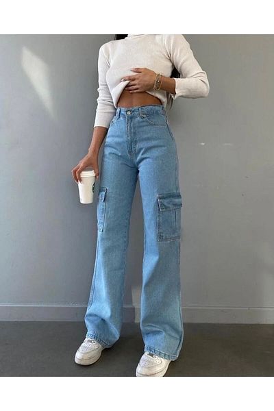 LAMİRA Pantaloni Palazzo din denim cu buzunar cargo albastru dulce cu picioare largi