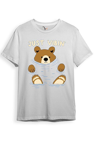 WİDİ تي شيرت أبيض قطني 100% مطبوع عليه دمية دب لطيفة من Just Vibin