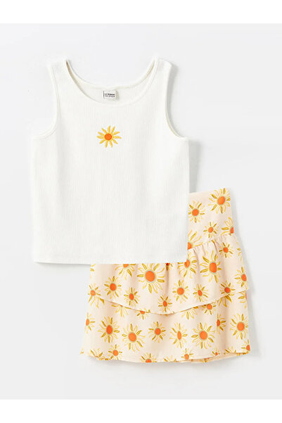 LC Waikiki LCW Kids Ecru guler rotund cu imprimeu Maiou și fustă pentru fete