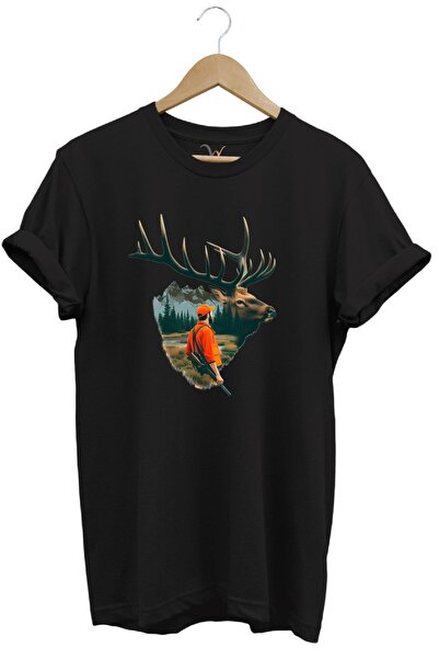 WİDİ Nature Hunting Deer and Hunter Printed 100% Cotton T-Shirt