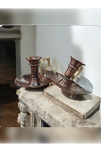 Bakır Center Bakır Şamdan 2'li Set Eskitme Bakır Ayaklı Şamdan Bakır Ayaklı F...