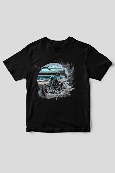 WİDİ Tricou Chopper Biker Themed - 100% bumbac cu imprimeu marin, cu croiala normală