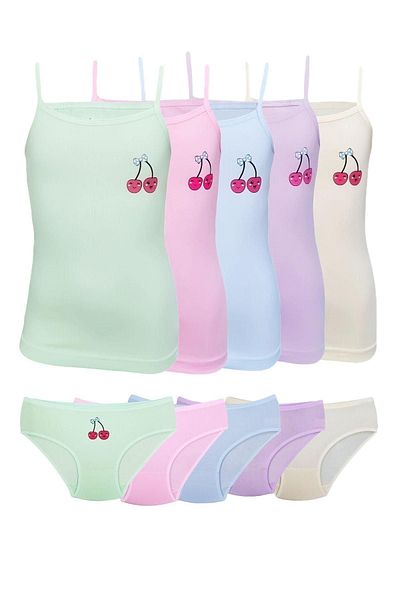 Onurel 5-Piece Girl's Assorted Colored Cherry Printed Top and Bottom Set