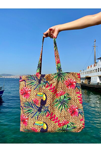 İsella Plaj Çantası Tukan Kuşu Hasır Deseni