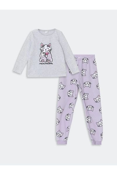 LC Waikiki Lcw Kids Girl's Gray Melange Fleece Pajama Set - Crew Neck
