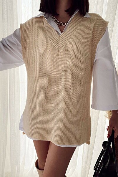 freedom fashion V Yaka Yırtmaçlı Triko Süveter