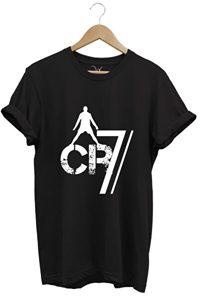 WİDİ Tricou negru Ronaldo Cr7 imprimat cu tematică fotbal, 100% bumbac