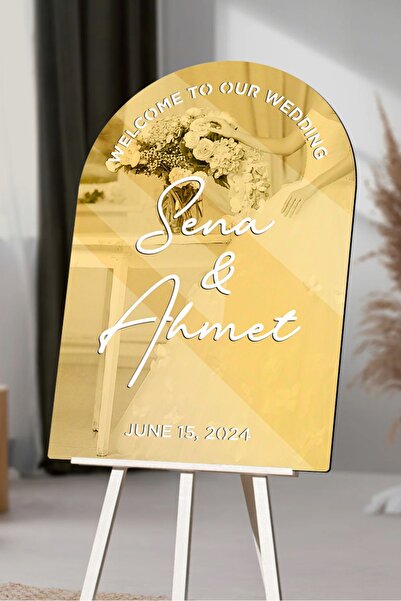 AHWART Düğün & Nişan Lüks Gold Pleksi Aynalı Beyaz Yazılı Karşılama Panosu
