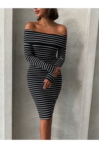 BE CHİC Rochie creion cu dungi cu guler Madonna - Camolă cu umăr deschis, îmbrățișată pe corp RD2040
