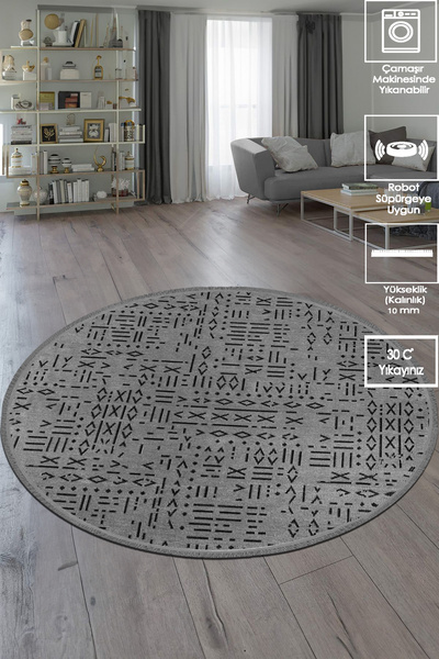 Samira İskandinav Yuvarlak Makinede Yıkanabilir Kaymaz Taban Pamuklu Özel Ölç...