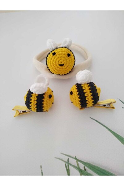 Kadın Girişimciler Atölyesi Arı Amigurumi Bandana ve 2'li Klips Toka Set