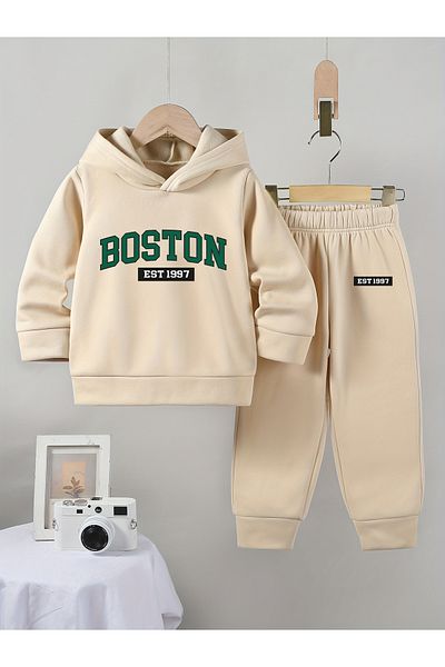 Let's Wear Boston Printed Premium Φούτερ και Φούτερ για Αγόρια - Σετ αθλητικών 2 τεμαχίων