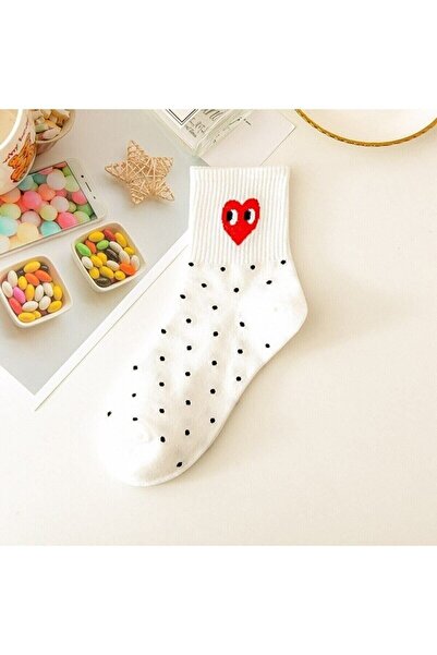 Meguca Socks Kadın Siyah Beyaz Çizgili Kalp Desenli Yarım Konç Kolej Çorap Seti 5 Çift