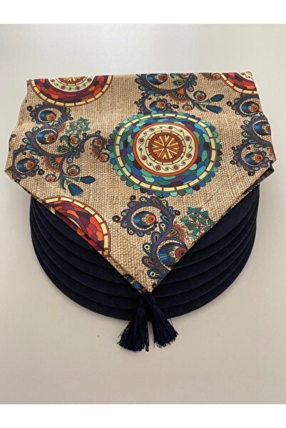 Ayşemce Amerikan Servis Takım (çuval Zemin Etnik Mandala Desen Runner 6 Lacivert Renk Supla)