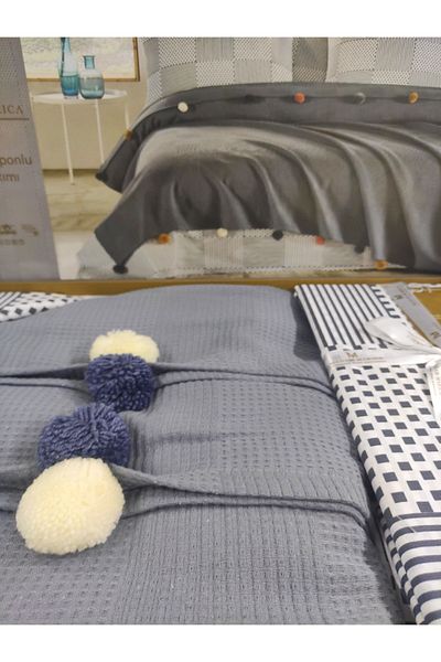 denizli hatırası Madam Marica Double Pompom Boxed Pique Set BLUE