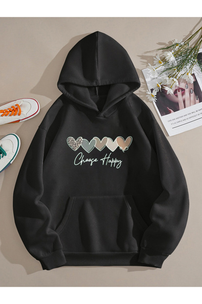 khufu Hanorac negru cu glugă - Close Happy Heart cu model