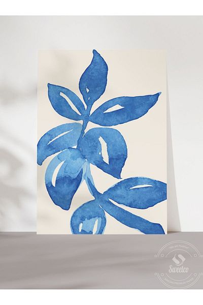 Sweetco Αφίσα Blue Botanical Leaf - Ακουαρέλα Μπλε, Χωρίς πλαίσιο